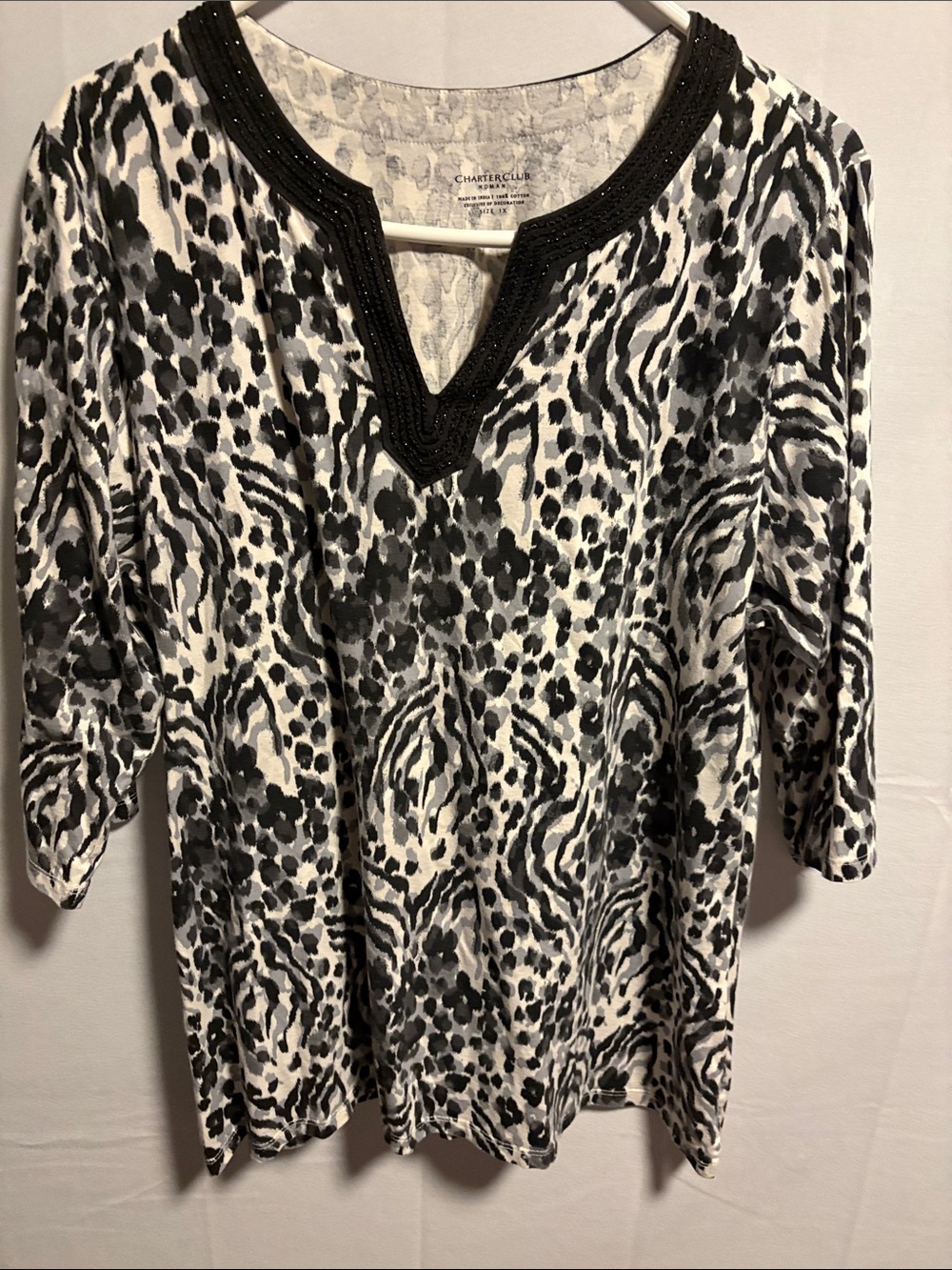 Charter Club Black and White Animal Print Beaded Neckline Top